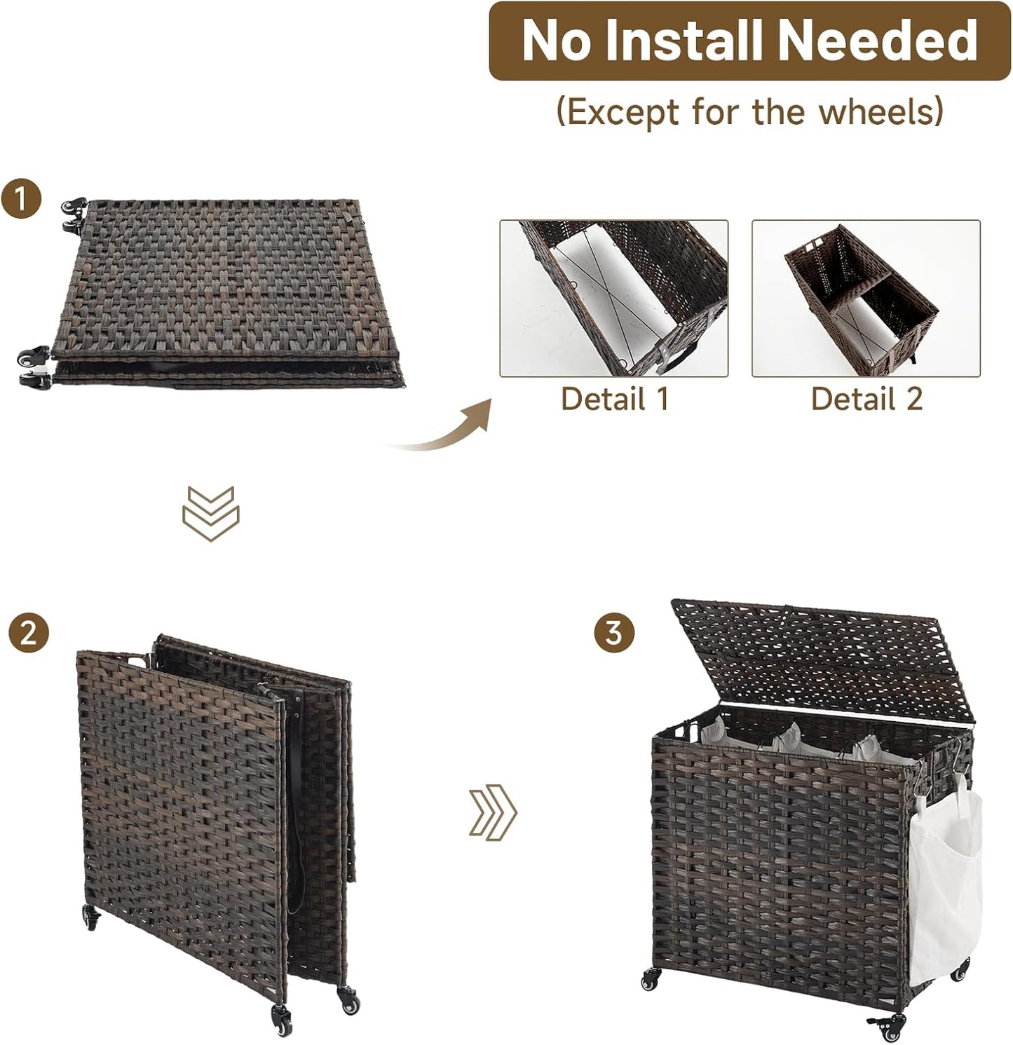 Laundry Hamper with Wheels, 34.3 Gallon(130L) Rolling Laundry Basket with Lid, 3-Section Rattan Clothes Hamper with 3 Removable Liner & 3 Mesh Bags, Laundry Sorter with Side Pocket, Brown
