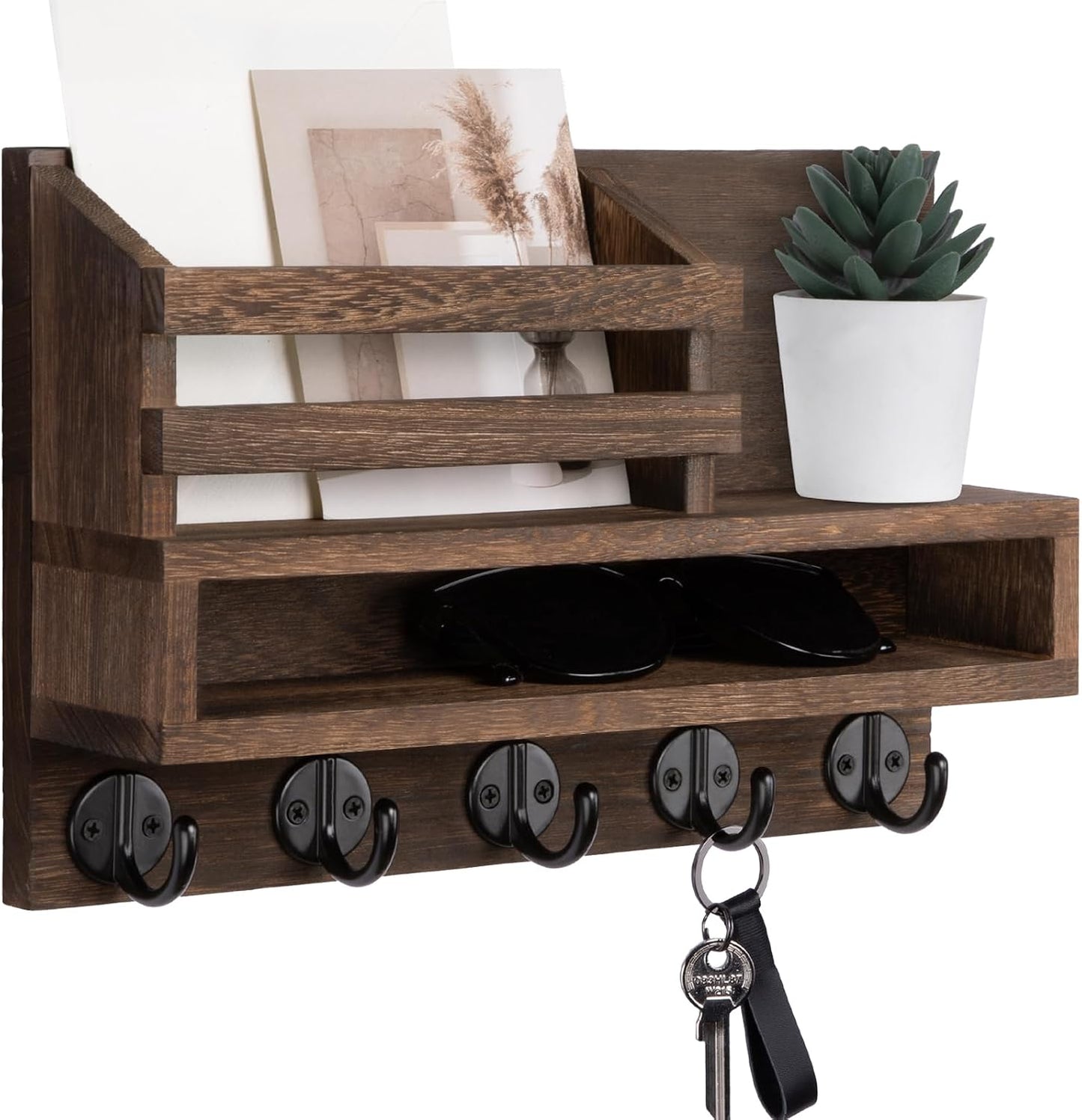 Key and Mail Holder Wall Mount, Key Hanger with Long Storage Box and 5 Hooks for Coat, Dog Leash, Home Decor Rack, House Accessories, Entry Way Organizer 11.8”W x 7.8”H x 3.2”D