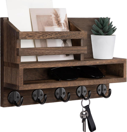 Key and Mail Holder Wall Mount, Key Hanger with Long Storage Box and 5 Hooks for Coat, Dog Leash, Home Decor Rack, House Accessories, Entry Way Organizer 11.8”W x 7.8”H x 3.2”D