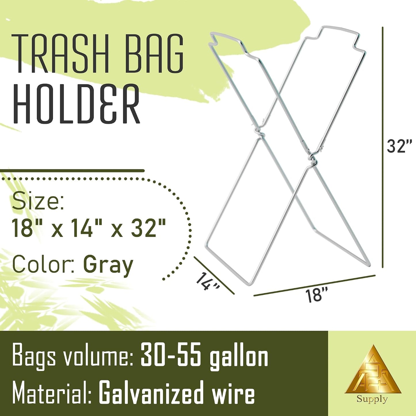 APQ Supply Outdoor Trash Bag Holder for Plastic Bags, 18 x 14 x 32 Inches. Portable Garbage Bag Holder. Folding Wire Holders for Lawn. Collapsible X-Frame Stand Bags for Garden, Laundry, Yard