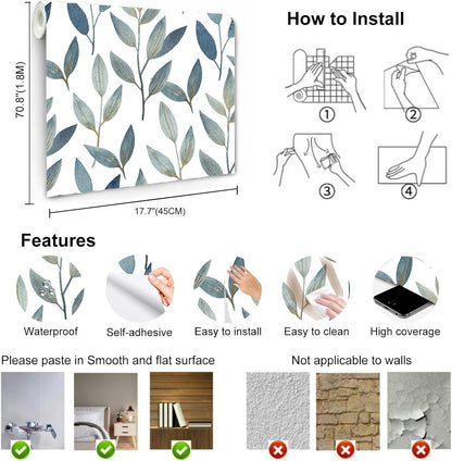 Blue Gold Leaf Peel and Stick Wallpaper Modern Self Adhesive Contact Paper Waterproof Removable Wall Paper for Bathroom Living Room 17.7"x70.8" Luxury Decorative Wallpaper
