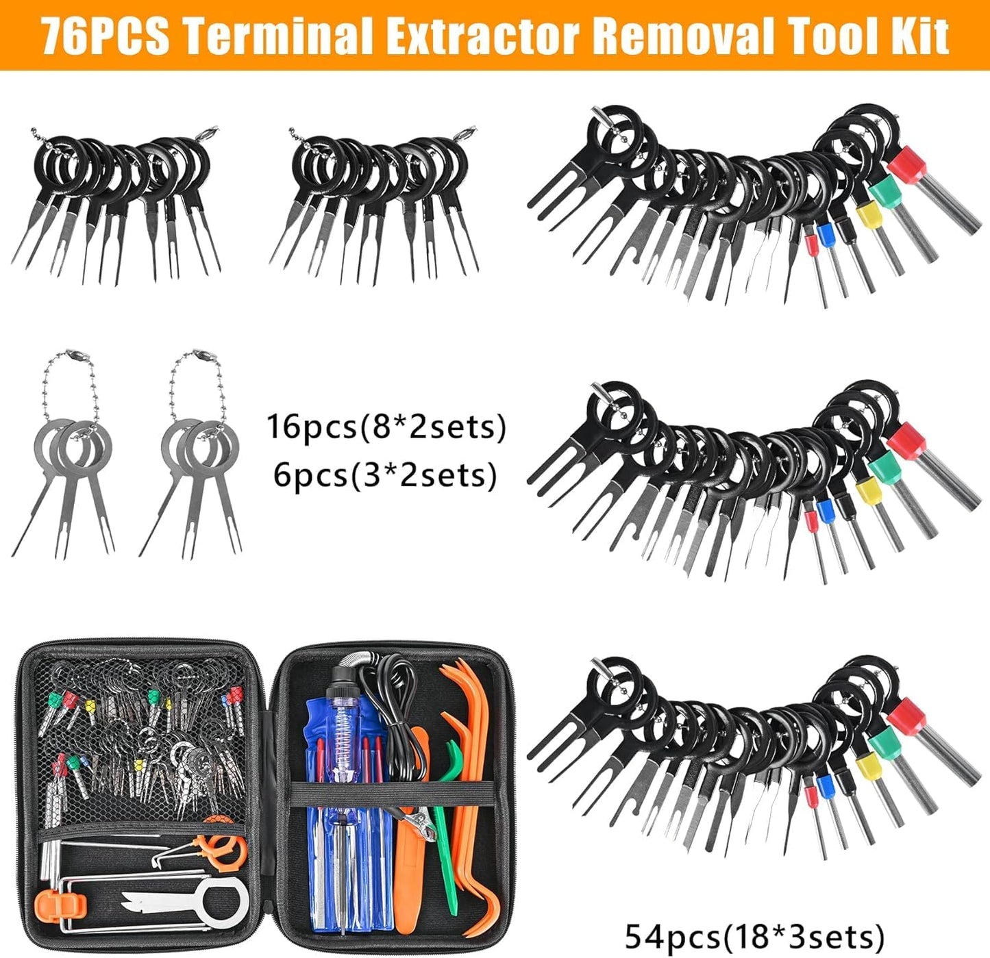 Terminal Pin Removal Tool Kit 82 Pcs Depinning Electrical Connector Pin Extractor Tool Set Wire Terminal Release for Automotive Car Household Devices - Black