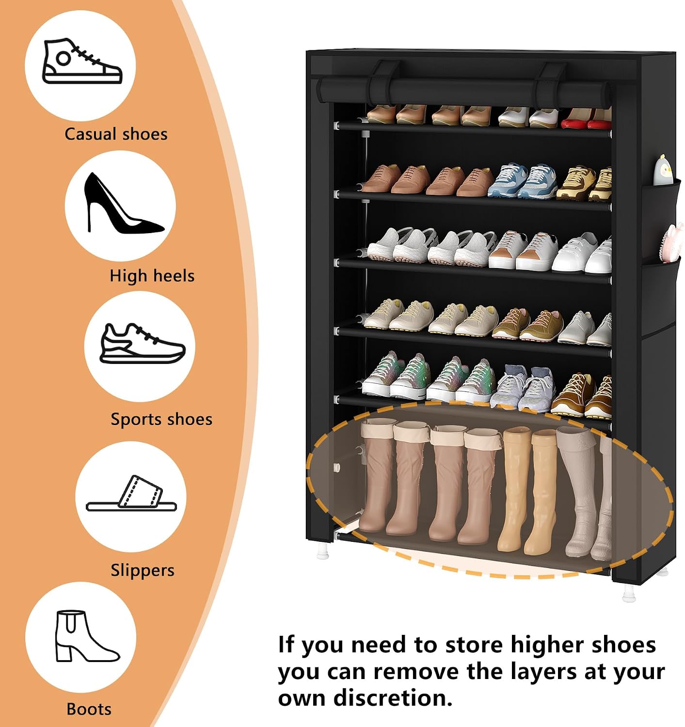 Laiensia 9-Tier Vertical Shoe Rack Organizer, Space Saving Shoe Storage Organizer, Non-Woven Cover Shoe Shelf Holds 36-45 Pairs for Bedroom, Hallway, Closet Entryway, Black