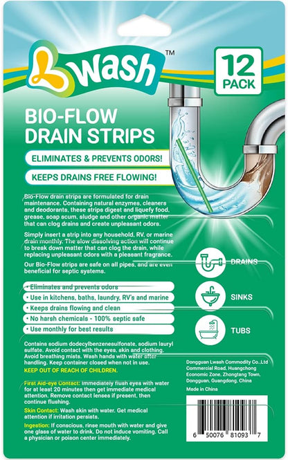 Lemon Scent Bio-Flow Drain Strips - 12 Strips | L-Wash Drain Cleaner & Odor Remover Sticks - Keeps Pipes Fresh