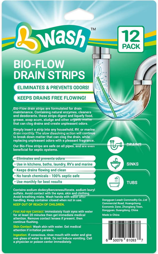 Lemon Scent Bio-Flow Drain Strips - 12 Strips | L-Wash Drain Cleaner & Odor Remover Sticks - Keeps Pipes Fresh