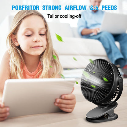Clip on Fan Rechargeable, 8-Inch Battery Operated Desk Fan, USB Fan,5 Speeds, Strong Airflow, Sturdy Clamp for Golf Cart Office Desk Outdoor Travel Camping Tent Gym Treadmill,Black