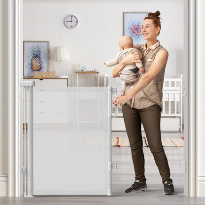 Retractable Baby Gate for Stairs & Doorways, Mesh Dog Gate Indoor Outdoor, Extends to 55" Wide 34" Tall Child Gate for Hallways, Deck, Porch, Pet Toddler Safety Essentials, Easy Install, Grey
