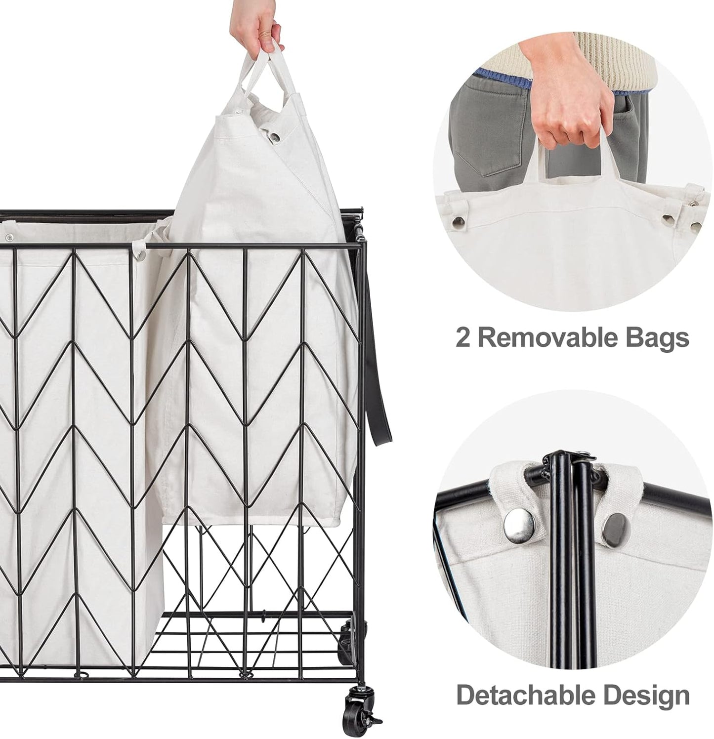 WOWLIVE Laundry Basket with Wheels, 142L Laundry Hamper 3 Section with Lid, Dirty Clothes Hamper with Removable Bags, Large Capacity Iron-Made Laundry Basket Organizer Laundry Sorter for Dorm, White