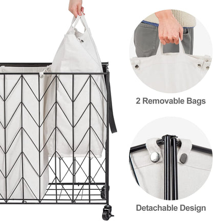 WOWLIVE Laundry Basket with Wheels, 142L Laundry Hamper 3 Section with Lid, Dirty Clothes Hamper with Removable Bags, Large Capacity Iron-Made Laundry Basket Organizer Laundry Sorter for Dorm, White