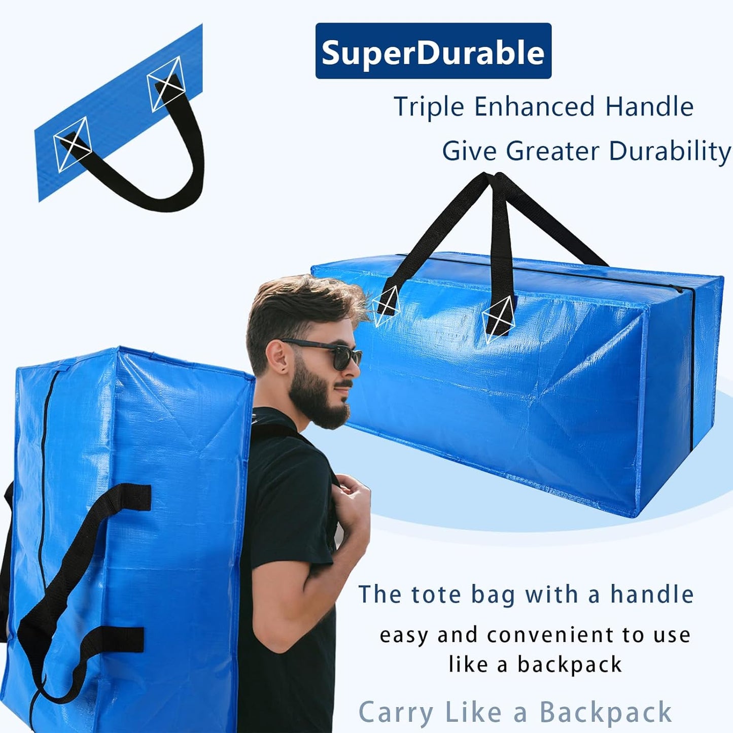 Heavy Duty Extra Large Blue Moving Bags with Strong Zipper Backpack Handles | 4 Pack Clothes Storage Bags Totes Space Saving Moving Boxes Bins Packing Bags for College Dorm Compatible with Ikea Frakta