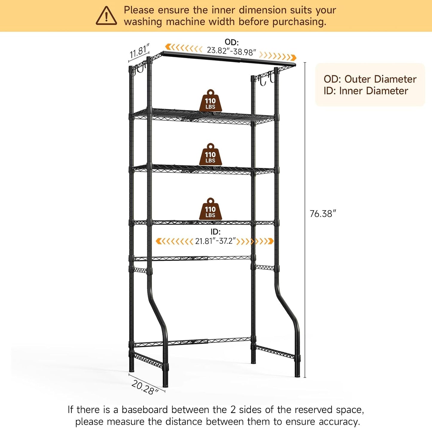 ONBRILL Expandable Over Washer and Dryer Shelves, 3 Tiers Laundry Room Organization and Storage with Hanger Rod, 4 Hooks, Adjustable Height Metal Freestanding Clothes Drying Rack, White