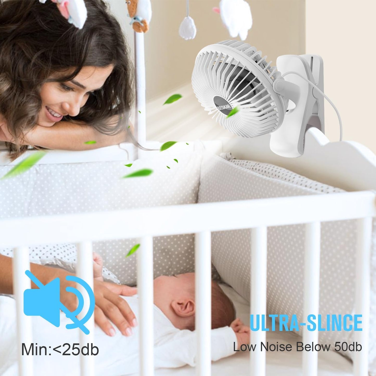 BESKAR Clip on Fan, Portable Small Desk Fans with Strong Airflow, 3 Speeds with Personal Fans Sturdy Clamp, Quiet Desk Fan & Clip Fan with USB Cord Powered - No Battery
