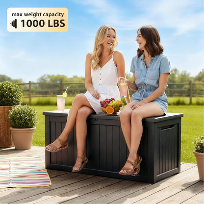 MAKINO 152 Gallon Resin Outdoor Storage Box, Waterproof Deck Box with Lockable Lid, Outside Storage Box for Patio Furniture, Pool Accessories, Garden Tools, Storage Bench for Backyard, Porch, Black