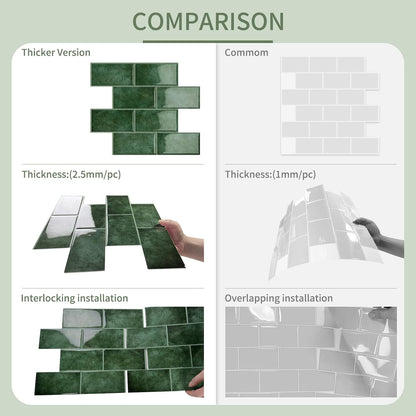10-Sheet Thick Peel and Stick Kitchen Backsplash Tiles(Green,12"×12") | 3D Subway Waterproof Self-Adhesive Wall Tile Stick on Backsplash for Kitchen and Bathroom