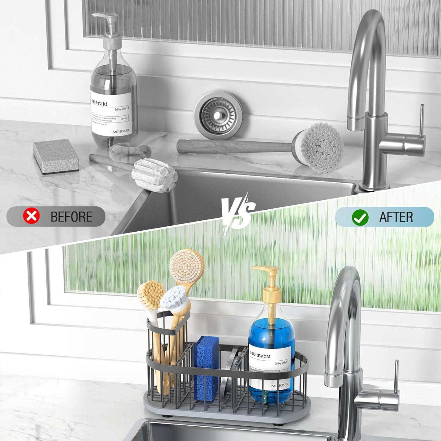 Sponge Holder for Kitchen Sink with High Brush Holder, [Stay-Dry Anywhere & No Drainage Needed] Rustproof Stainless Steel Kitchen Sink Caddy Organizer with Water Absorbing Stone Tray, Black