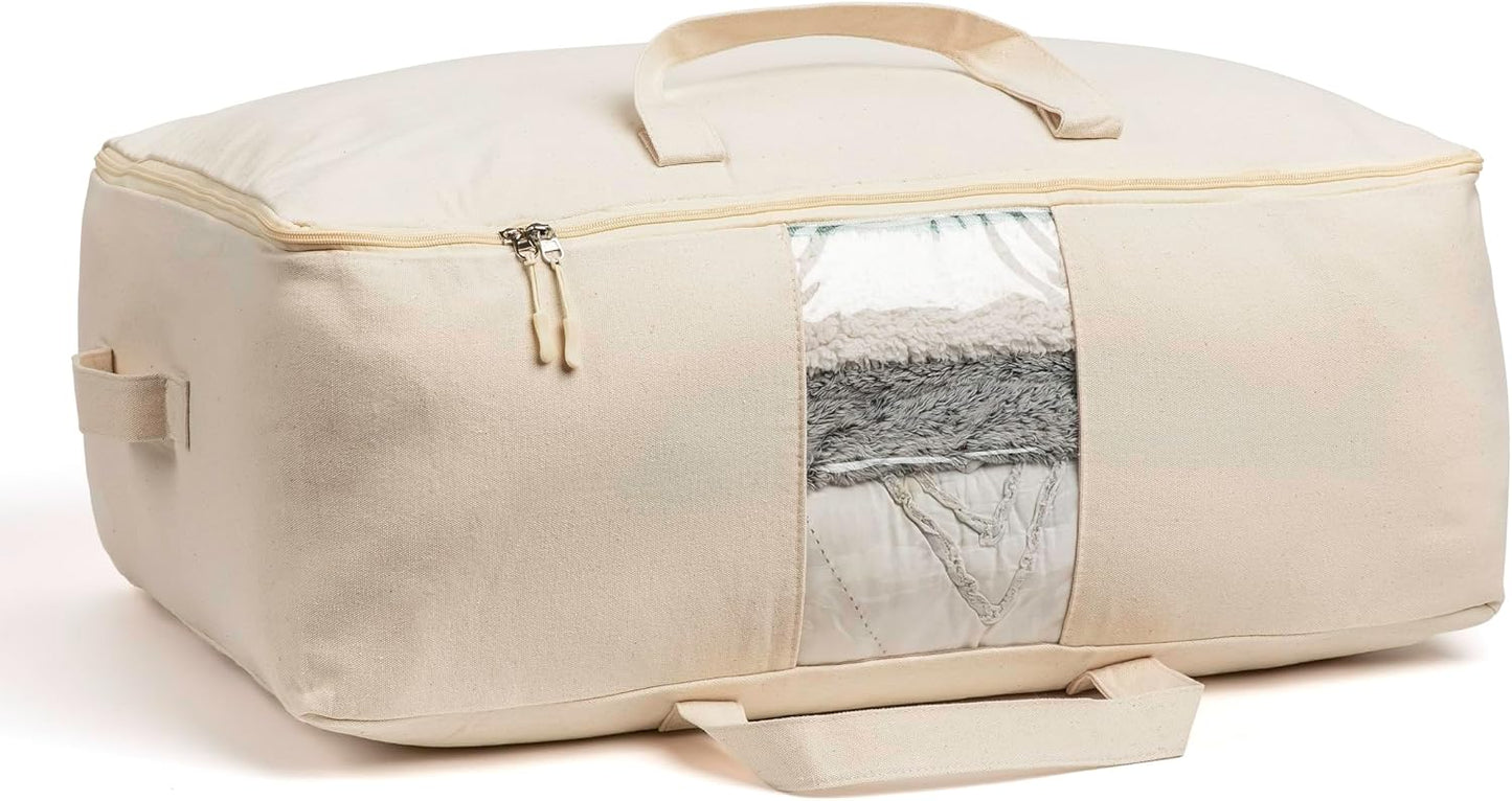 Soft Canvas Storage Bags with Zipper. Thick Breathable, 1pc King/Queen Comforter Organizer. Four Carrying Handles and Window. Large 25x19x9in Bag for Sheets Blankets Bedding Pillows, Clothes (Grey)