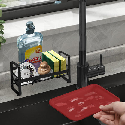 Kitchen Sponge Holder for Sink, Kitchen Sink Caddy Organizer, Sink Tray Drainer Rack, Dish Rags Brush Soap Storage Countertop with Removable Front Drain Pan - Black