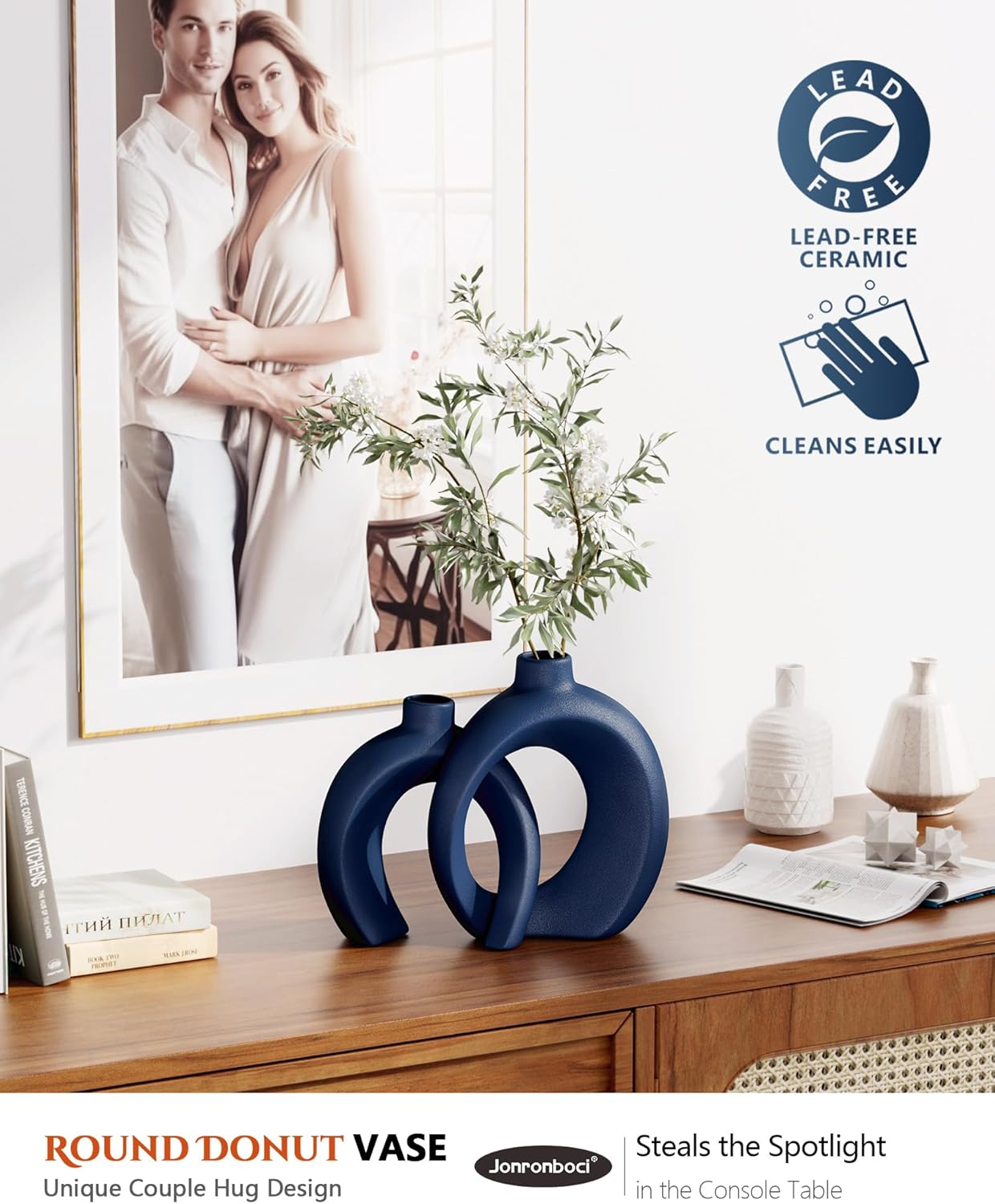 7.2″Hx8.9″H Donut Shape Decorative Vase Set of 2, Ceramic, Modern Minimalism Styles, Flowers or Plant Table Vases for Home Decor Living Room Shelf Entry Console Mantle Dining Centerpiece (Matte White)