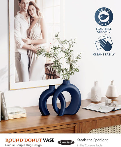 7.2″Hx8.9″H Donut Shape Decorative Vase Set of 2, Ceramic, Modern Minimalism Styles, Flowers or Plant Table Vases for Home Decor Living Room Shelf Entry Console Mantle Dining Centerpiece (Matte White)