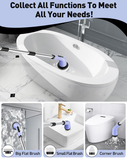 Shower Scrubber with Long Handle, Shower Cleaner Brush with 8 Floor Machine Pads, Cordless Electric Spin Scrubber for Cleaning with 2 Speed, Cleaning Supplies for Bathroom Bathtub Kitchen Floor Tile