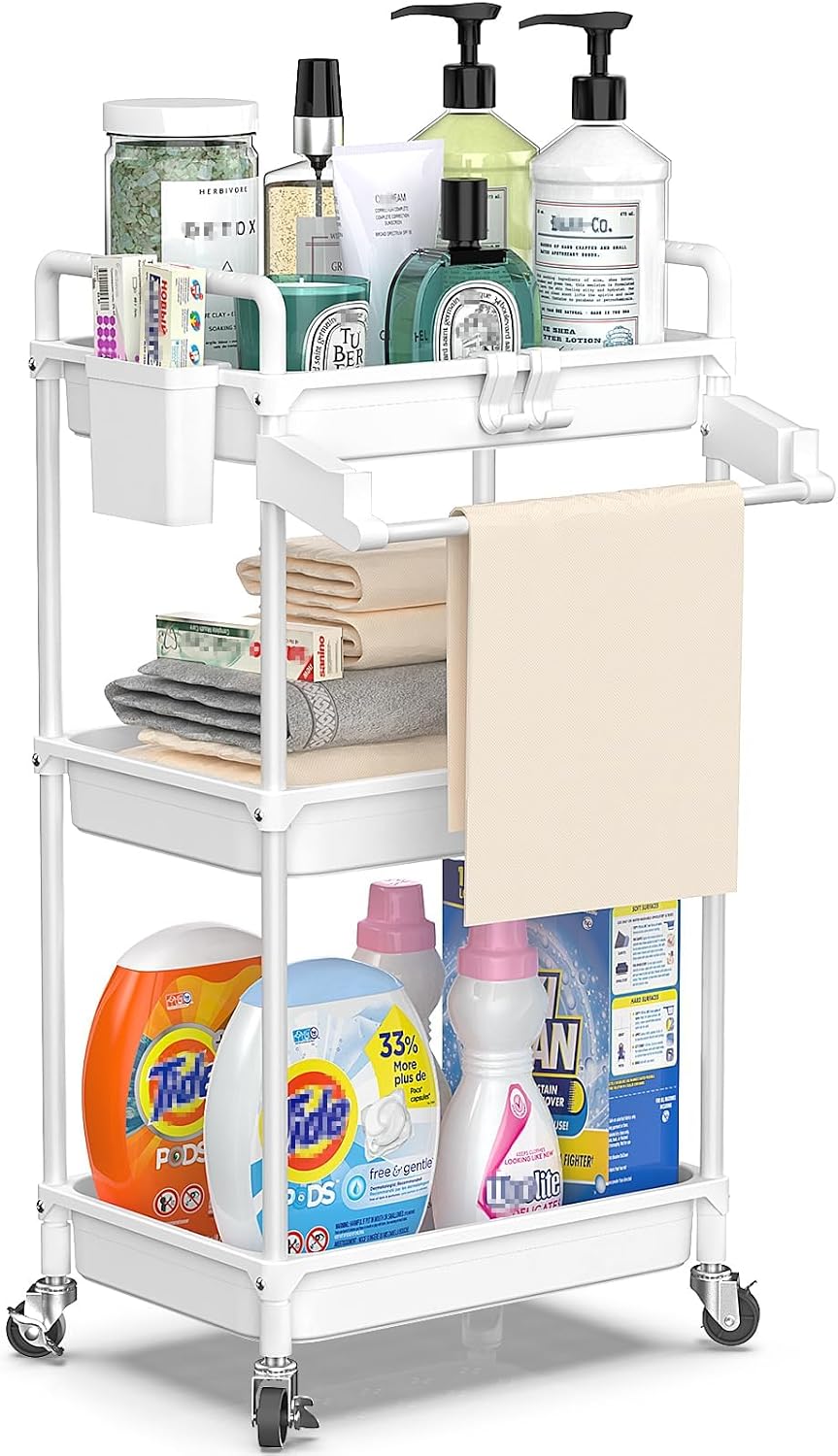 SPACEKEEPER Rolling Storage Cart, 4-Tier Bathroom Organizer Utility Cart Laundry Room Organization Mobile Shelving Unit with Towel Rack, Lockable Wheel, Hooks & Cup for Kitchen Bedroom Office, White