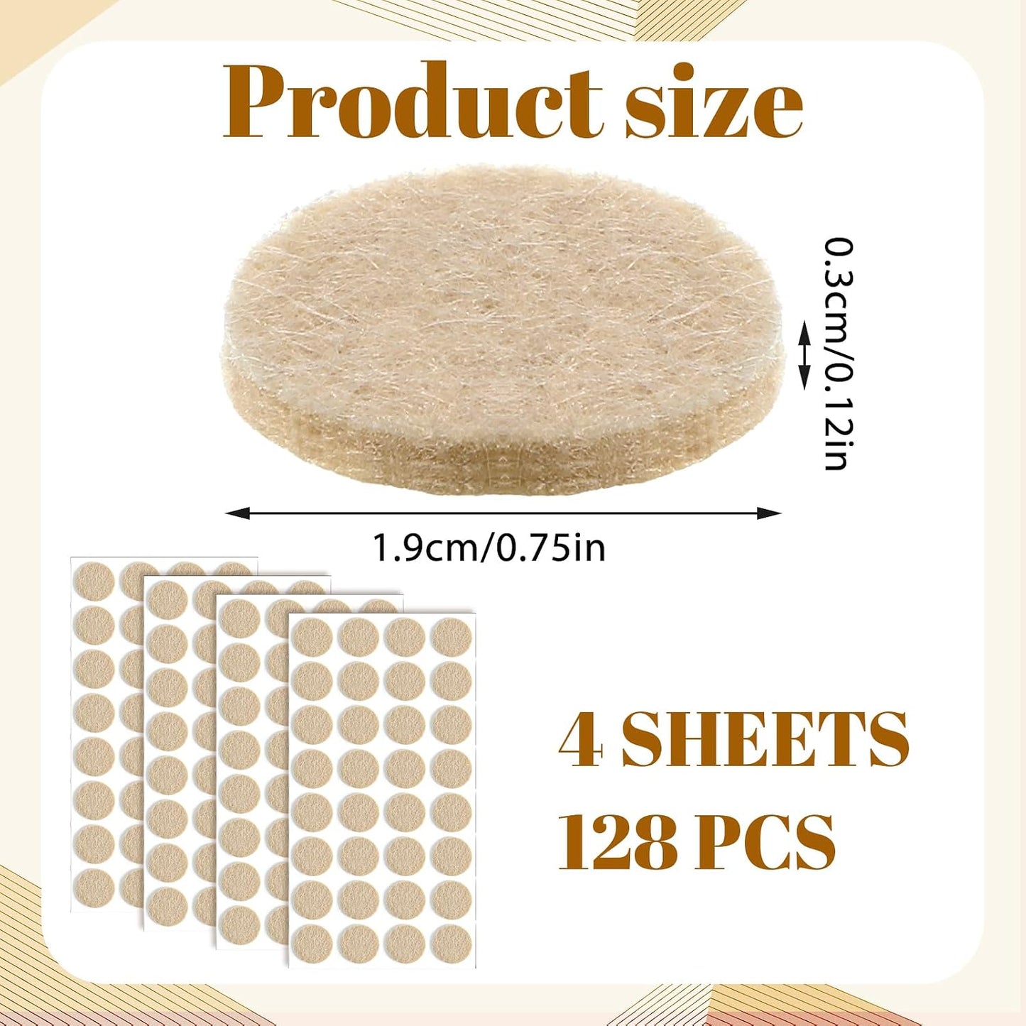 Sibba 128Pcs Felt Furniture Pads, Self Adhesive Round Furniture Pads for Chair Legs, Non Slip Anti Scratch Floor Protectors for Hardwood Floors, 0.75 Inch Round, Beige