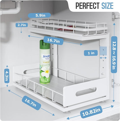 Under Sink Organizer Upgrade To Professional Rails,2-Tier Dual Pull Out Cabinet Storage,Height Adjustable Slide Out Drawers For Bathroom Kitchen,2 Pack-14.5" Dx12.8-16.9" H,White