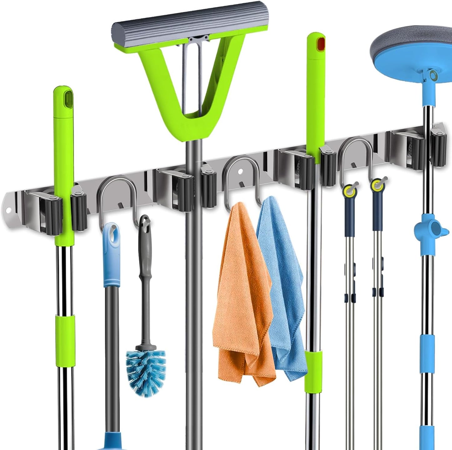 Broom Holder Wall Mount, Stainless Steel Mop Hanger with 4 Slots 6 Hooks, Tool Storage Wall Organizer for Kitchen Garden Garage Laundry Room Bathroom and RV, Black 1-Pack