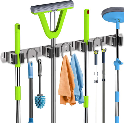 Broom Holder Wall Mount, Stainless Steel Mop Hanger with 4 Slots 6 Hooks, Tool Storage Wall Organizer for Kitchen Garden Garage Laundry Room Bathroom and RV, Black 1-Pack