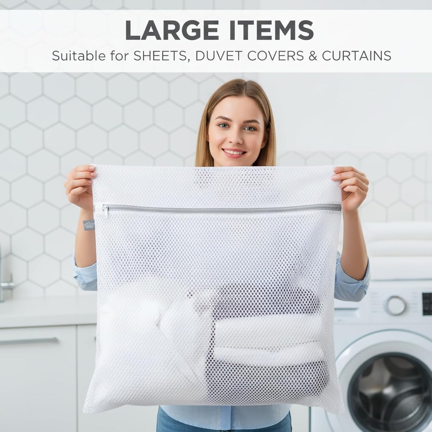 Kimmama Laundry Mesh Wash Bags, Garment Bag for Washing Machine, 2XXL | Honeycomb Laundey Bags for Sheet, Throw Blanket, Curtain, Cushion Cover, Comforter, Tumble Dryer Safe, Extra Large