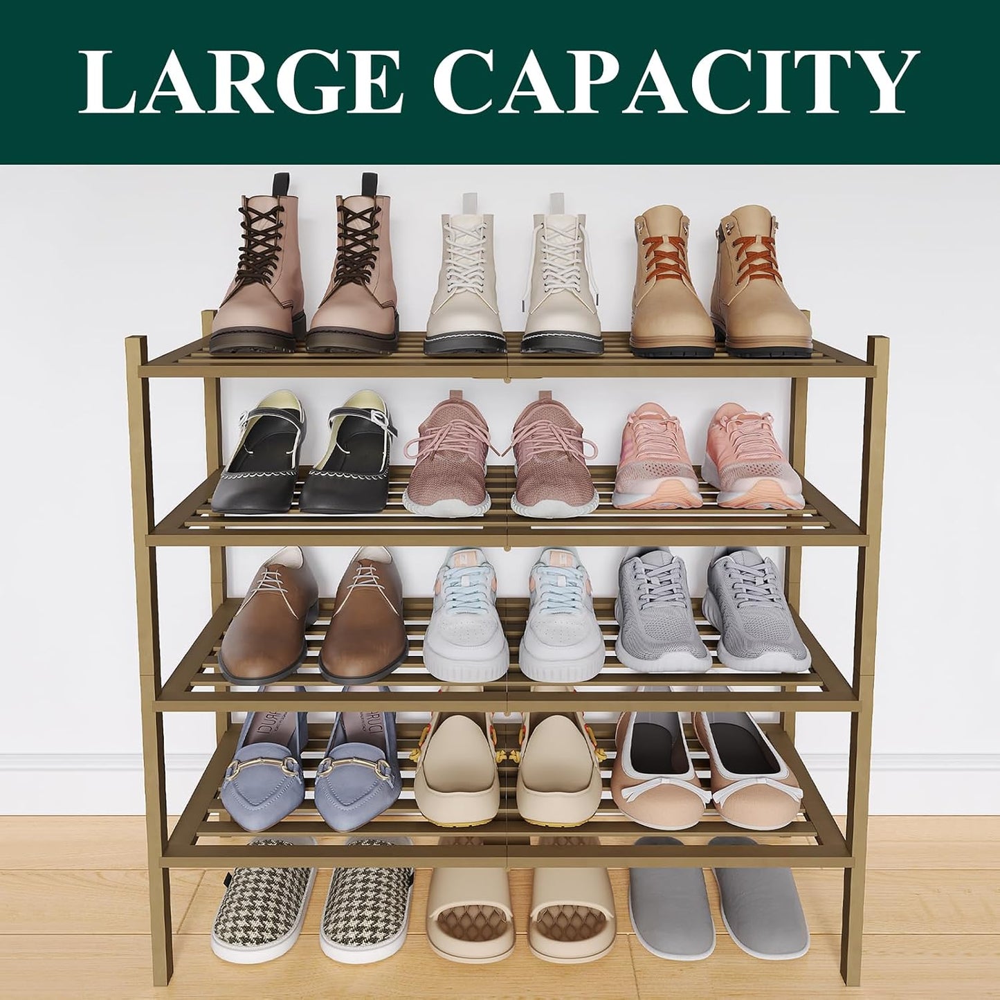 Smiry Bamboo Shoe Rack, 3 Tier Free Standing Wooden Shoe Organizer, Stackable Wood Shoe Storage Shelf for Closet, Entryway, 5 Horizontal Slats, 26.8"x11"x18.3", Natural