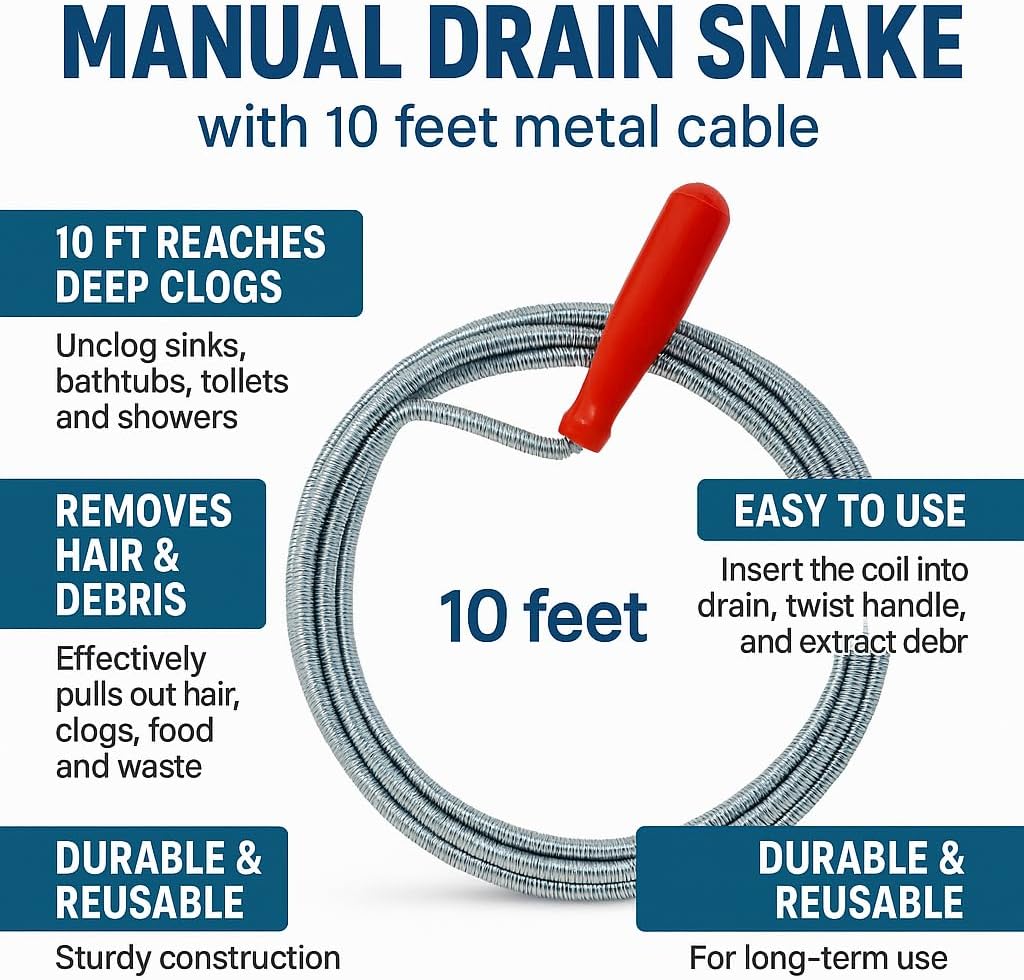 Drain Snake Clog Remover 10 Ft Flexible Metal Plumbing Snake for Sink, Shower, Tub & Bathroom Drain – Removes Hair & Grease – No Chemical Drain Cleaners Needed