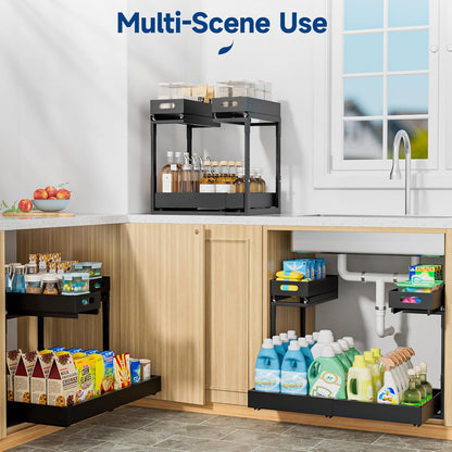 Insputer Upgrade Expandable Under Sink Organizer, 2 Tier Metal Under Cabinet Storage with 3 Slide Rails, Height Adjustable, Thickened Pull Out Drawer Shelf for Bathroom, Kitchen, Laundry, Pantry