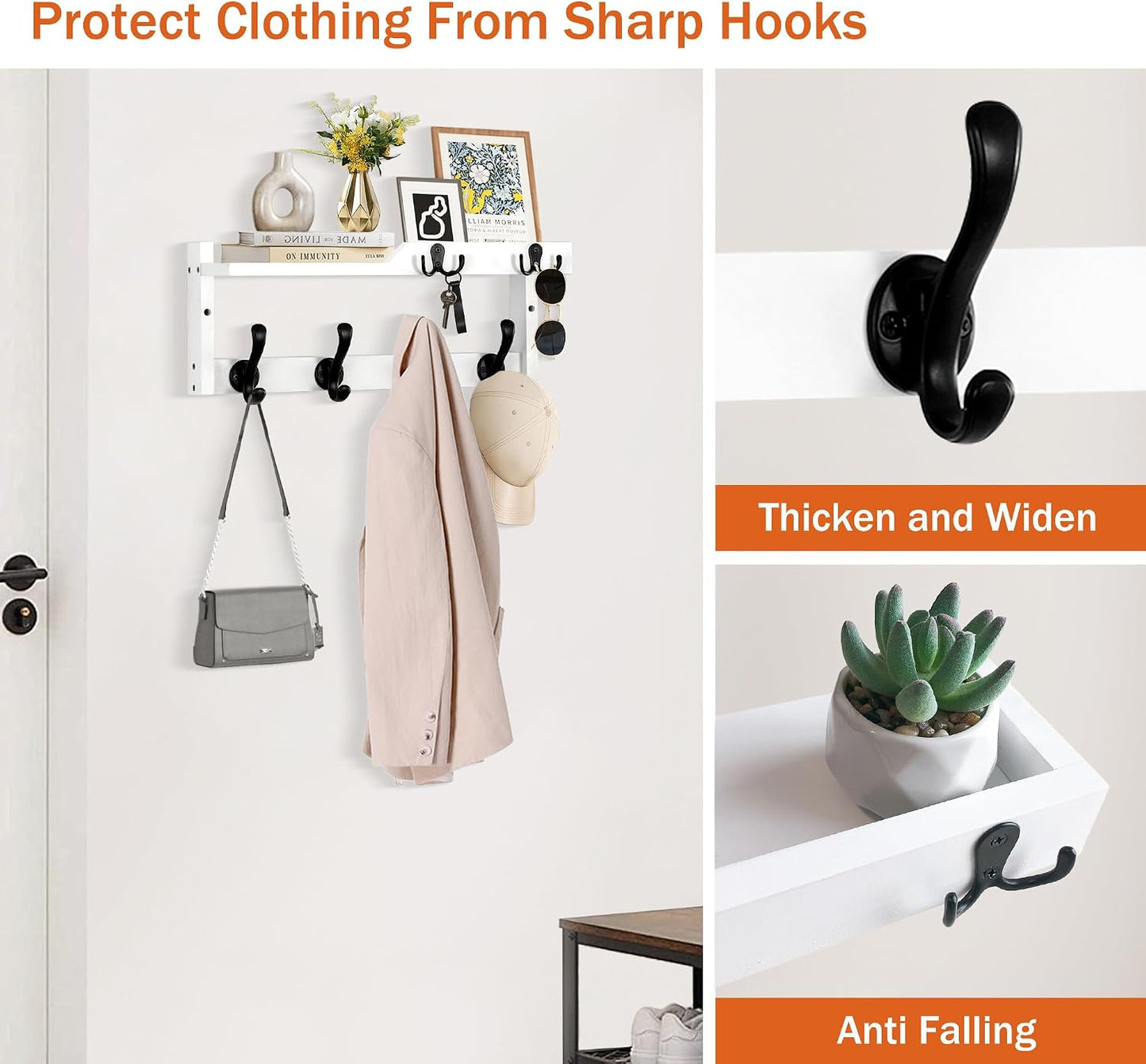 dreampossible Coat Rack Wall Mount with Shelf, Coat Hanger Wall Mount with Key Hooks and Mail Holder, Wood Entryway Floating Shelf with Hooks and Storage, Hat Rack for Wall Key Holder Mail Organizer