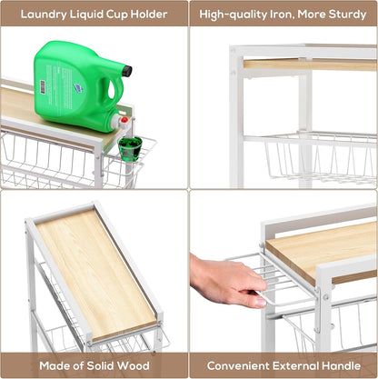 4 Tier Slim Rolling Storage Cart with Pull-Out Baskets, Narrow Sliding Storage Slim Laundry Cart Slim Rolling Kitchen Cart