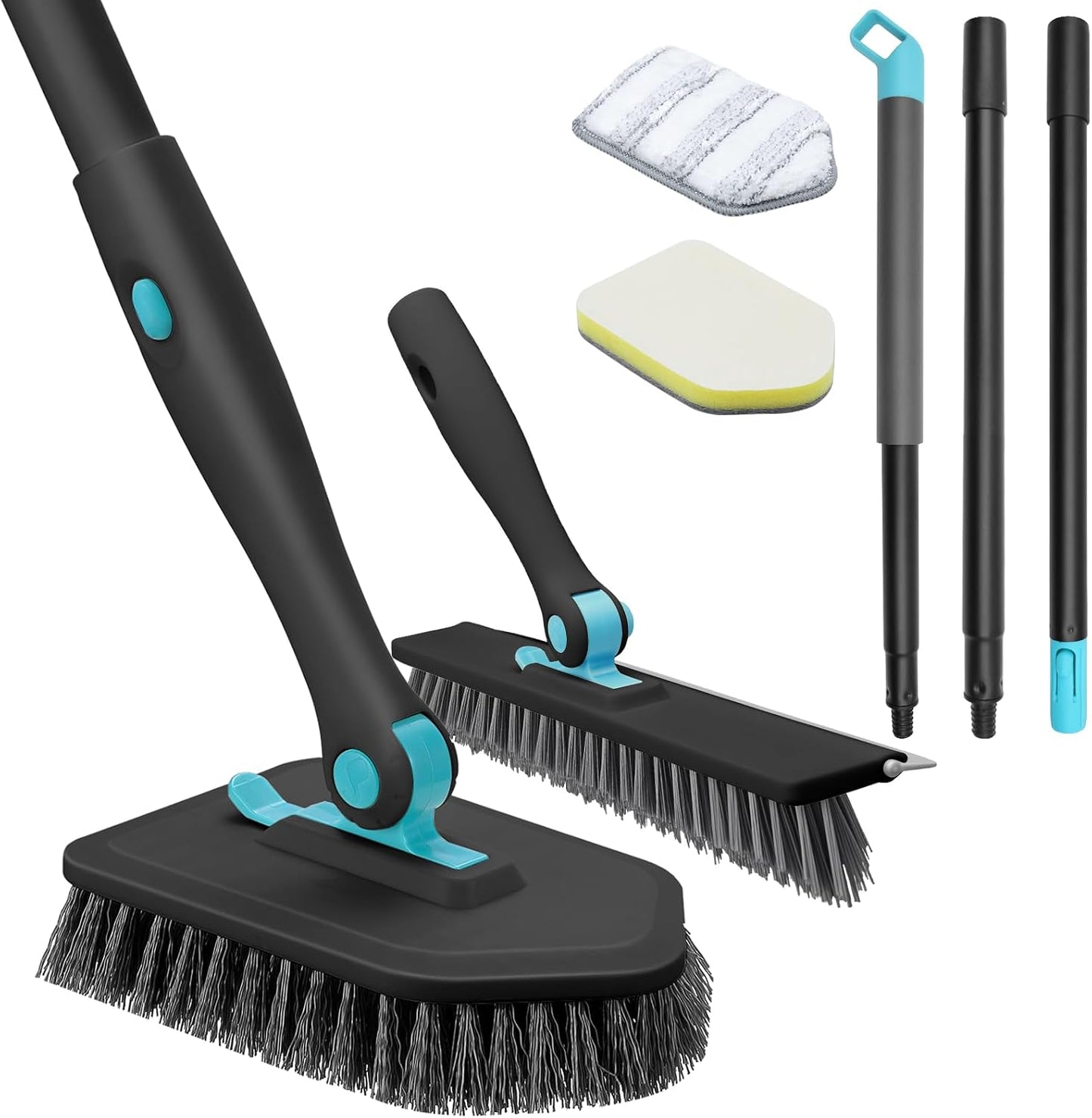 nacena Shower Scrubber with Long Handle, 3 in 1 Tile Tub Scrubber Brush with 3 Detachable Cleaning Heads Adjustable Handle Shower Cleaner Brush for Bathroom, Kitchen, Toilet, Wall, Sink, Blue White