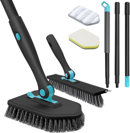 nacena Shower Scrubber with Long Handle, 3 in 1 Tile Tub Scrubber Brush with 3 Detachable Cleaning Heads Adjustable Handle Shower Cleaner Brush for Bathroom, Kitchen, Toilet, Wall, Sink, Blue White