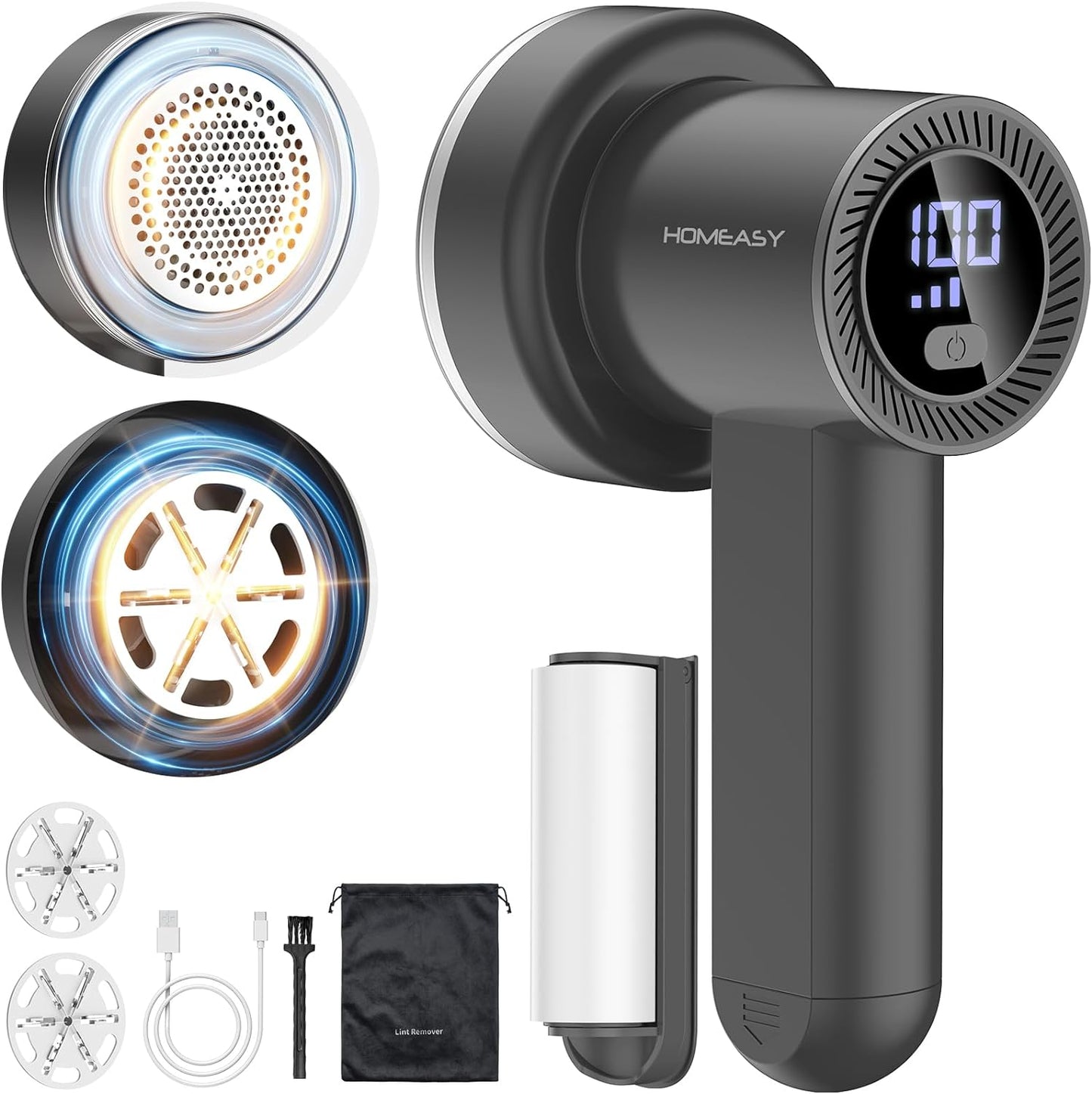 Fabric Shaver Fuzz Remover Rechargeable, HOMEASY Electric Lint Remover Shaver with 3 Blades & LED Digital Display, Sweater Couch Fabric Pill Shaver for Sweater, Couch, Furniture (White)