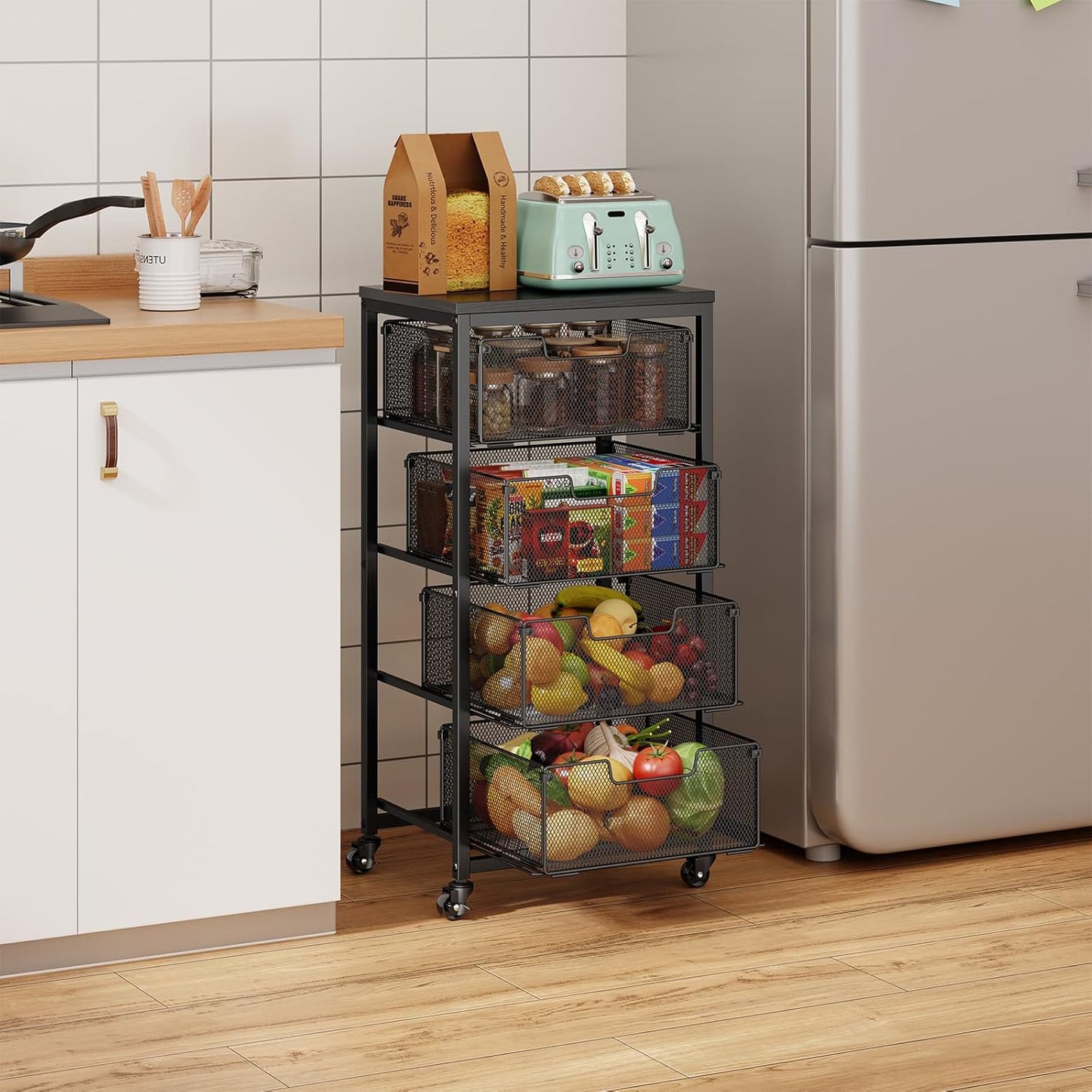 4 Tier Kitchen Rolling Cart, Kitchen Storage Cart with Wheels, Adjust Pantry Organizer and Storage Cart with Drawer, Fruit Vegetable Spice Storage Cart, Wooden Top Metal Kitchen Organizer Rack Stand
