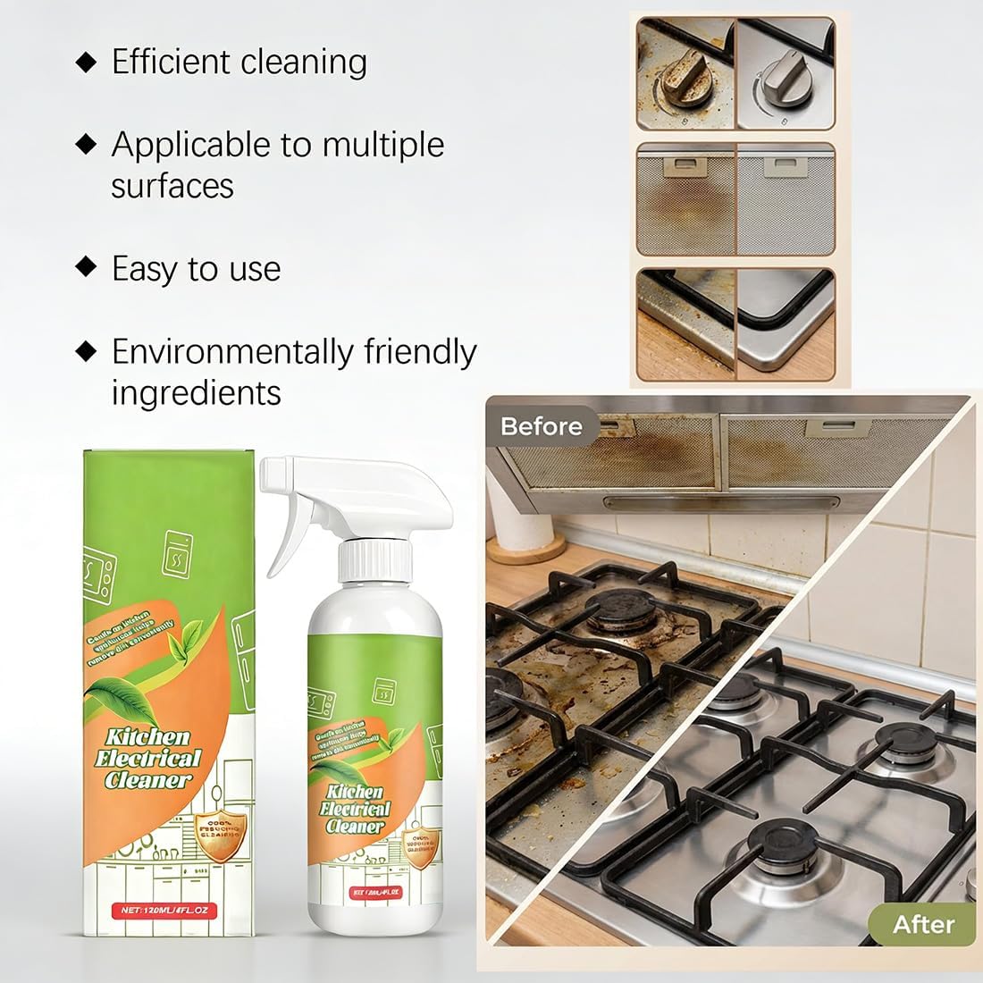 Electrolyzed Ion Kitchen Cleaner Spray (120ML) - Fast-Acting Kitchen Degreaser for Oven, Stove & Range Hood - Gentle No-Scratch Kitchen Appliance Cleaner with Odor Eliminator