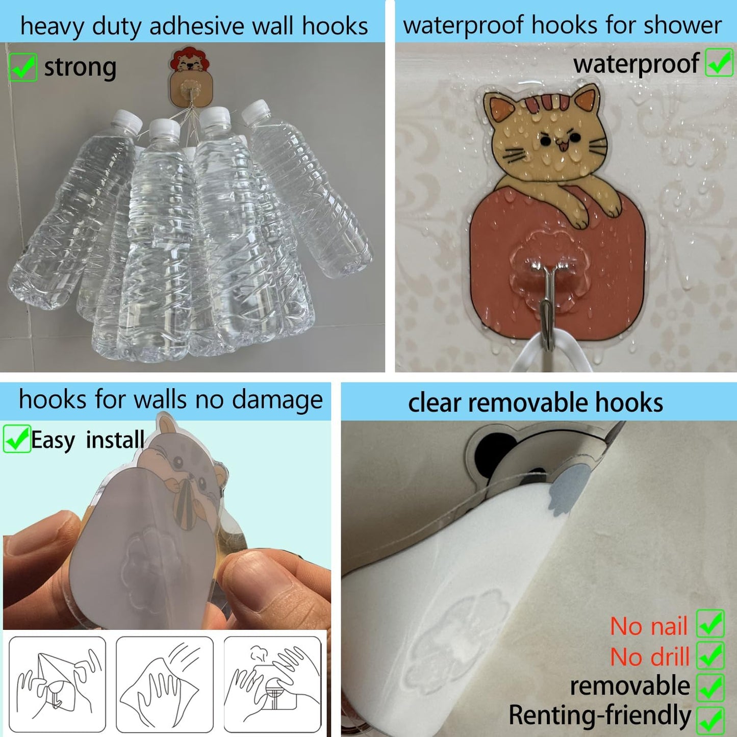 Heavy Duty Wall Hooks 20 Pack(33lb Max) – Waterproof Removable Adhesive Hooks for Hanging, Damage-Free Self Adhesive Towel Hooks for Bathroom, Kitchen, Shower, Keys, Door & Outdoor Storage