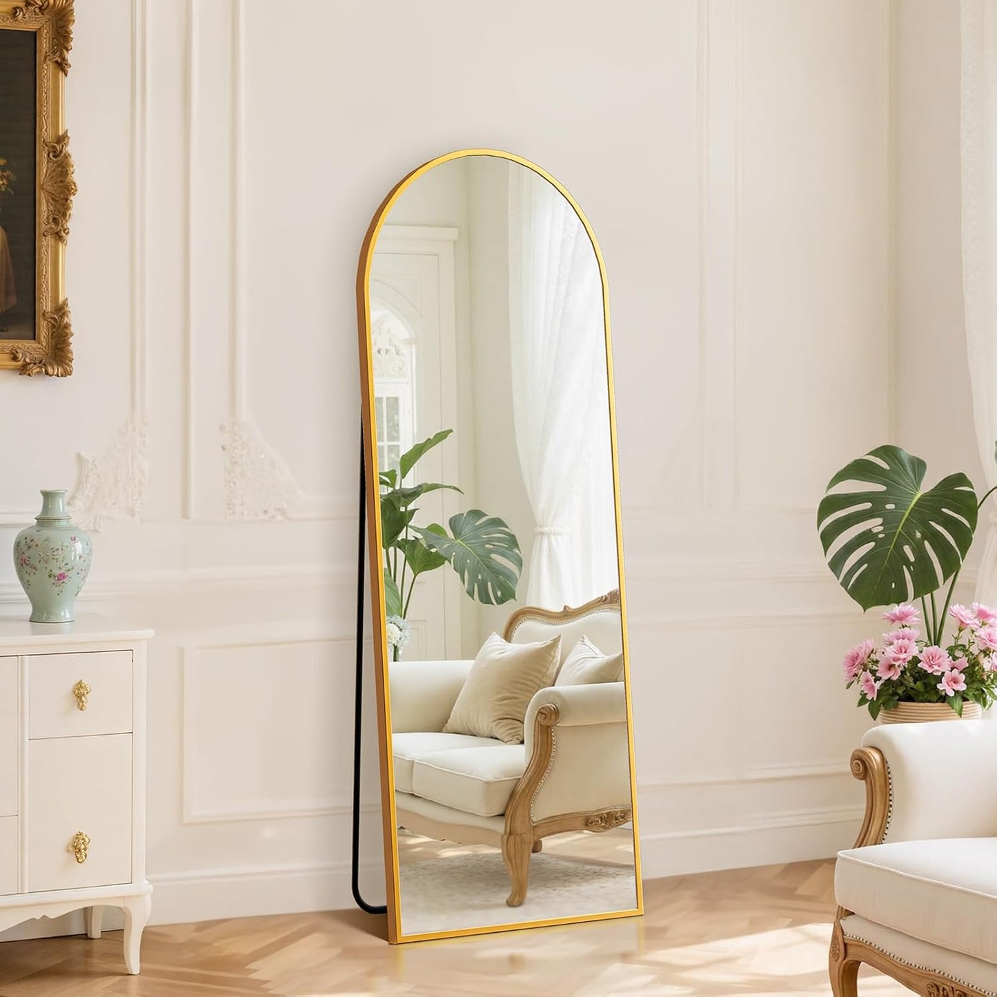 DUMOS 64"x21" Arched Full Length Floor Mirror, Full Body Mirror with Stand, Shatterproof Tempered Glass, Modern Aluminum Alloy Frame, Free Standing or Leaning for Home Decor, Gold