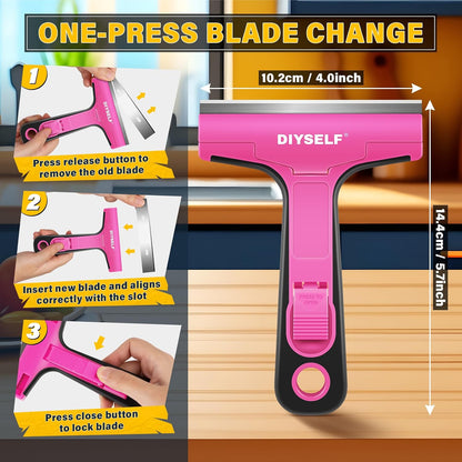 DIYSELF Razor Blade Scraper, 1 Pack Scraper Tool with 10pcs 4-Inch Blades, Razor Scraper for Cleaning Glass, Window, Stove Top, Oven, Kitchen, Cooktop, Shower Door, Sticky Residue, Tile, Wallpaper