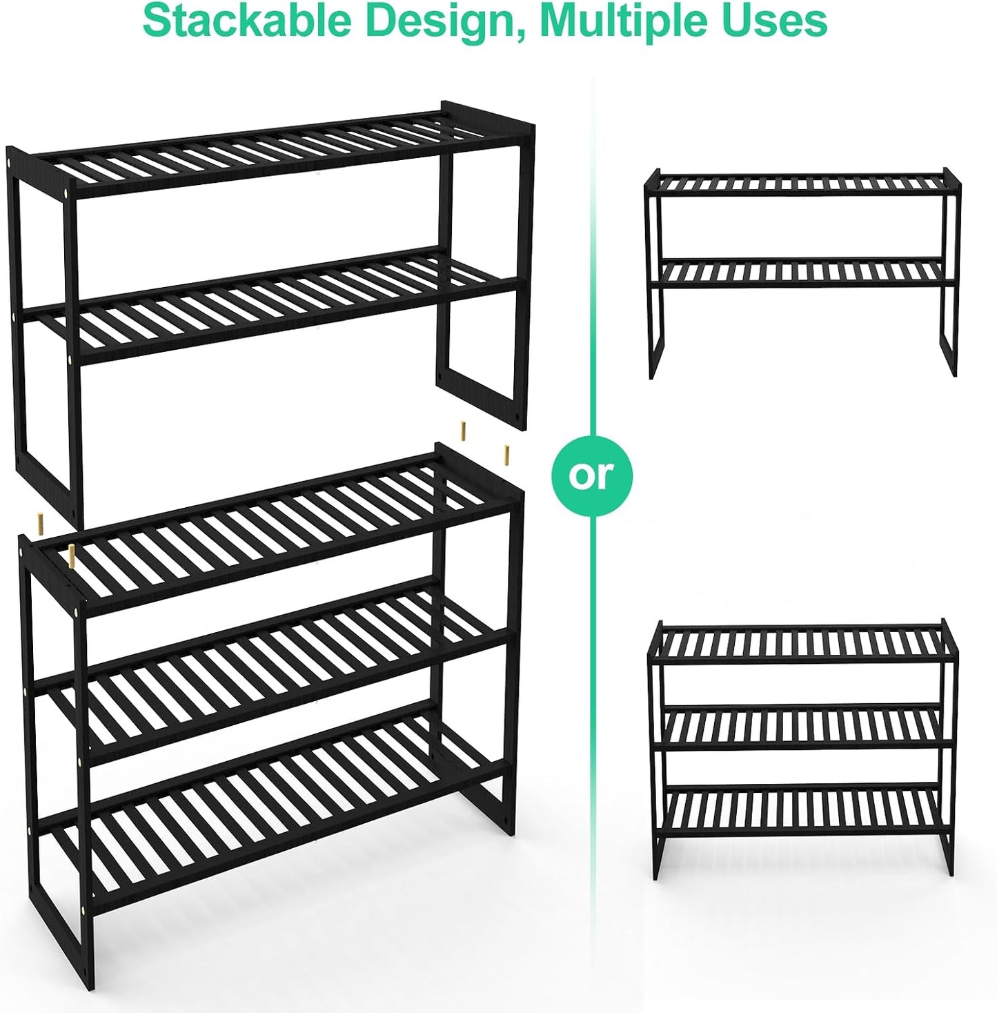 Jripae 5 Tier 32.5*10.5*30.3in Bamboo Shoe Rack for Closet Entryway Bedroom | Stackable Shoe Shelf Holder for Men/Women Hallway/Garage, Bookshelf, Flower Rack, Home Space Saving