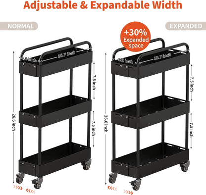 HOTEAGLE Three Tier Rolling Cart, Adjustable Width & High Adaptability | Metal Utility Storage Carts with Wheels, Ideal Storage Organizer for Livingroom, Kitchen and Bathroom