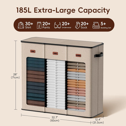 185L Laundry Hamper 3 Section, Laundry Hamper with Lid, Dirty Clothes Hamper with 3 Removable Washing Bags, Extra Large Laundry Basket Organizer for Bedroom, Laundry Room, Dorm - Black