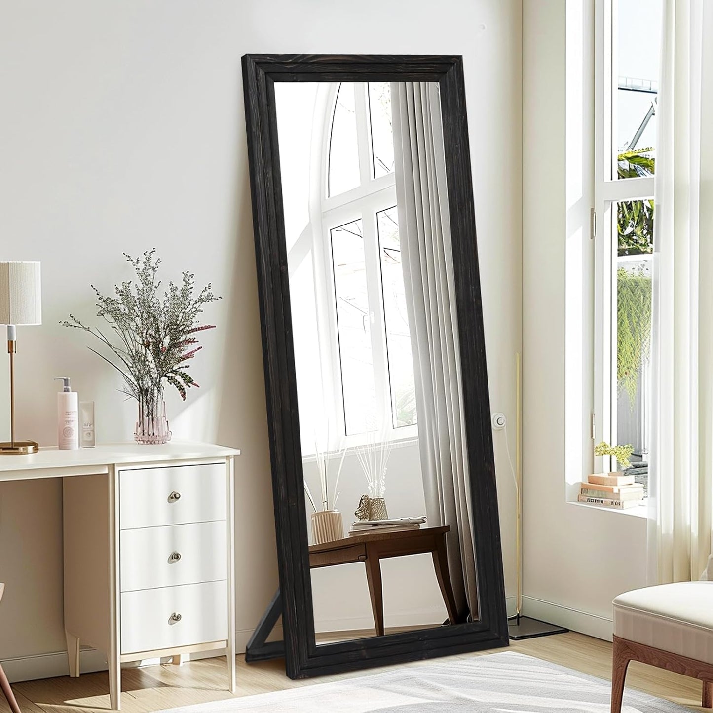 65"x22" Full Length Mirror Solid Wood Frame Floor Mirror with Stand for Living Room, Bedroom Hanging Standing or Leaning, Brown