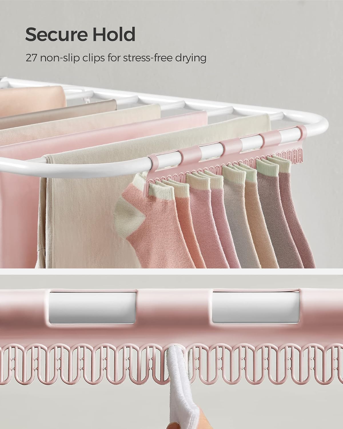 SONGMICS Clothes Drying Rack, with Sock Clips, Metal Laundry Rack, Foldable, Space-Saving, Free-Standing Airer, with 2 Height-Adjustable Gullwings, Indoor Outdoor Use, Gray ULLR052G01