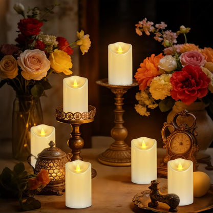 Outdoor Indoor Flameless Candles, Patented 3D Dual-LED, Set of 6 Slanted Top Durable Plastic Pillars with 2 Remotes & Timer, Non-Melting Waterproof Battery Candles for Patio Garden (Ivory)