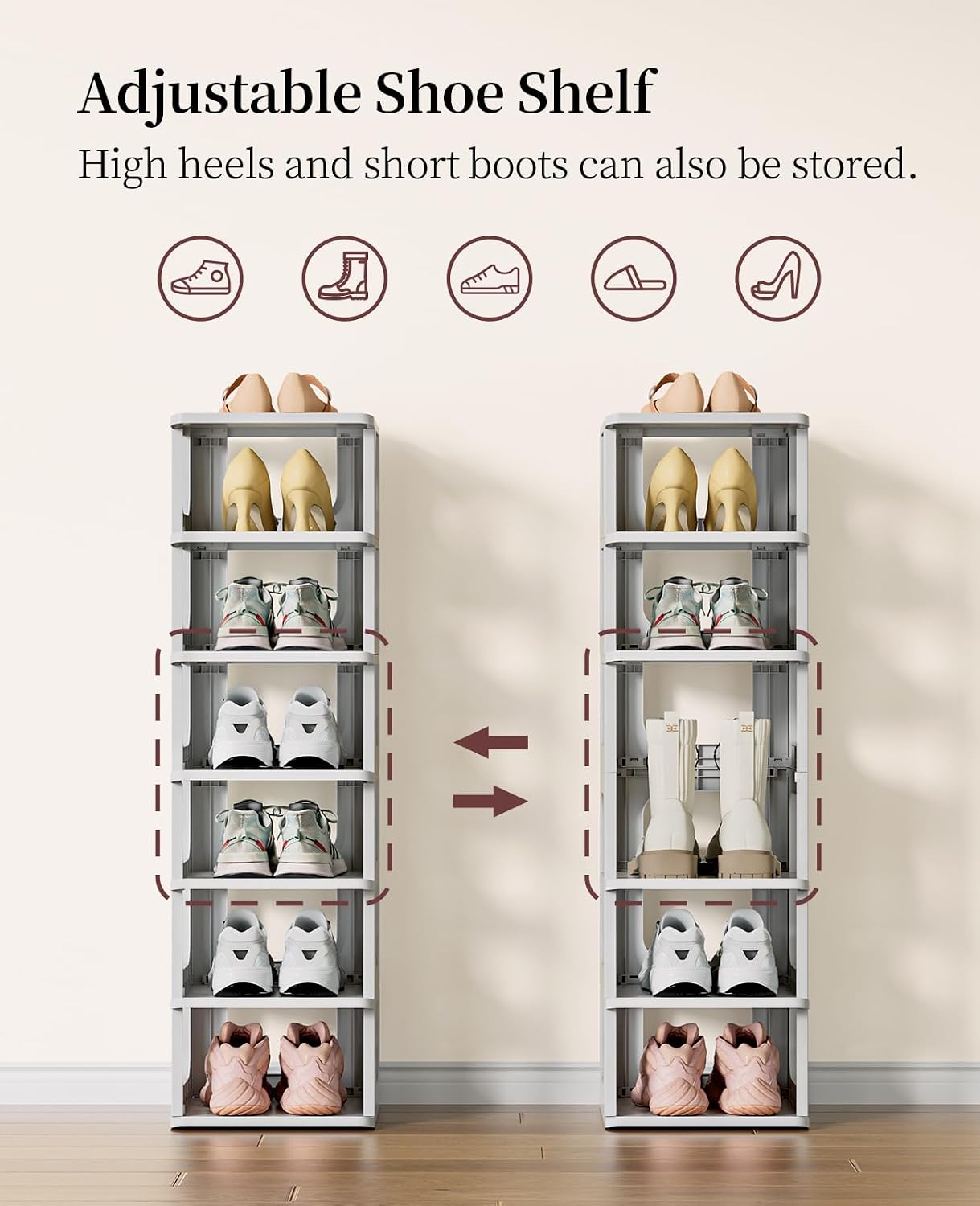 HAIXIN Shoe Organizer Rack for Small Spaces 5 Tier Plastic Vertical Narrow Shelves for Closet Black Shoe Holder, Stand for Entryway Storage Boots Organizer Stackable Cabinet
